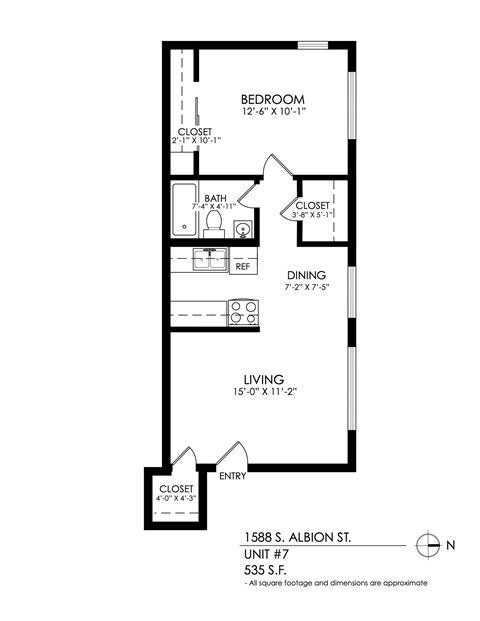 Floor plan for 1 bed, 1 bath, 520 sqft